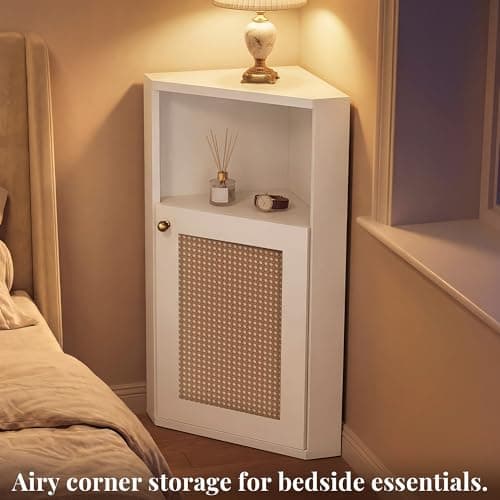 Corner Storage Cabinet for Bathroom, Small Triangle Cabinet with Rattan Doors, 750kg/m³ High-Density MDF Organizer, 90° Narrow Floor Cabinet with Adjustable Shelves, Anti-Tip Farmhouse Accent Unit - Thumbnail 6