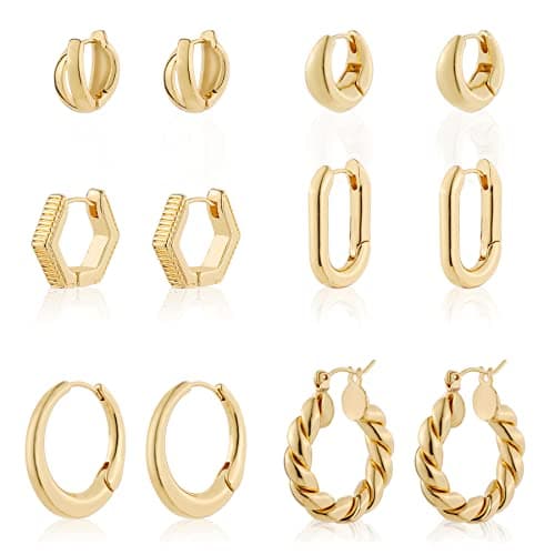 Wgoud 6 Pairs Gold Hoop Earrings Set for Women, 14K Gold Plated Hypoallergenic Lightweight Chunky Open Huggie Hoops Earrings Jewelry for Gift. (6 gold huggie) - Image 1