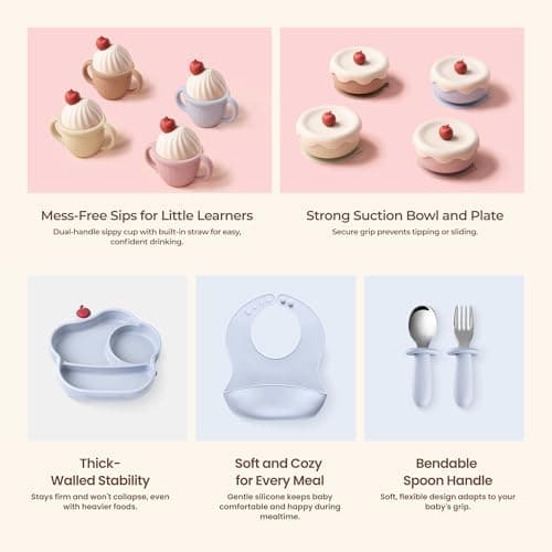 COZY ROCK Silicone Baby Feeding Set, Gelato Collection Baby Led Weaning Supplies, First Self-Feeding Ice Cream Set, Silicone Suction Bowl with Cherry Lid & Plate, Straw Cup & Bib, Fork & Spoon - Thumbnail 3