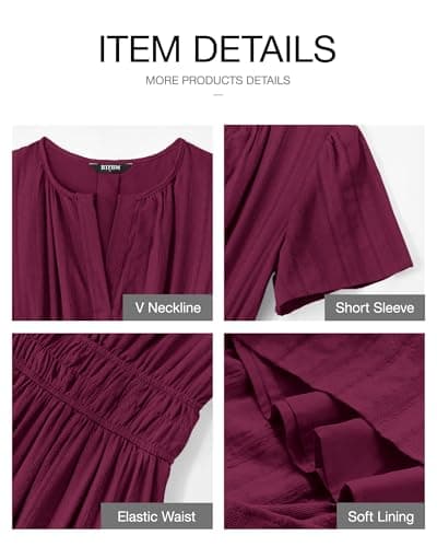 BTFBM Womens Summer 2026 Casual Midi Maxi Dresses Lightweight Short Sleeve V Neck Elastic Waist Boho Beach Dress Pockets(Wine Red, Small) - Thumbnail 4