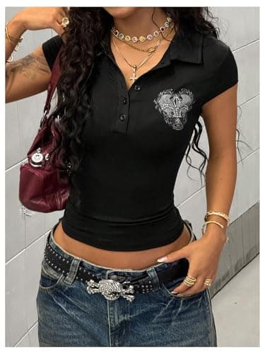 Milumia Women's Short Sleeve Gothic Top Y2k Collared Fitted Shirt Black Large - Thumbnail 3