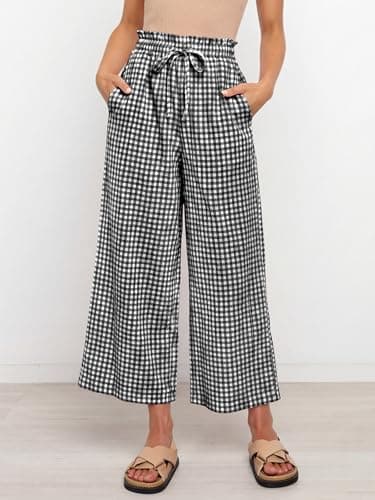 ANRABESS Womens Striped Gingham Palazzo Capri Pants Pajama Wide Leg Lounge Trousers Plaid Cute Crop PJ Bottoms with Pockets Black White Plaid X-Large - Thumbnail 2