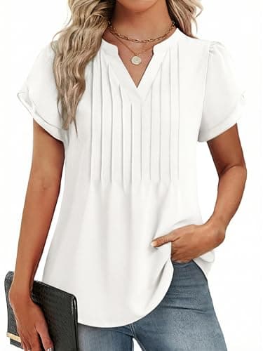Funlingo Dressy Casual Tops for Women Short Ruffle Sleeve Business Work Blouse 2026 Spring Professional Office Pleated White Shirts S - Image 1