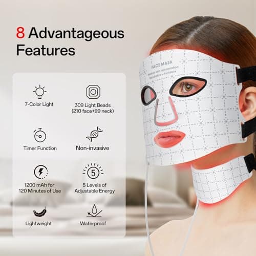Facego Red Light Mask for Face and Neck, 7 Colors Red Light Face Mask with Rechargeable Remote Controller, Flexible, Portable, Lightweight, and Ergonomic for Home & Travel (White) - Thumbnail 2