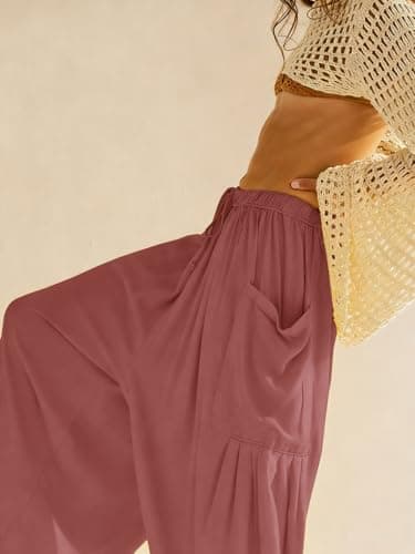 COCOMARTS Womens Linen Wide Leg Palazzo Pants Casual Loose Elastic Drawstring Flowy Pant 2025 Fall Travel Baggy Harem Pants with Pocket Dusty Rose XX-Large - Thumbnail 4