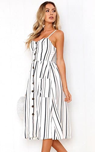 Angashion Women's Dresses-Summer Floral Bohemian Spaghetti Strap Button Down Swing Midi Dress White Striped M - Thumbnail 3