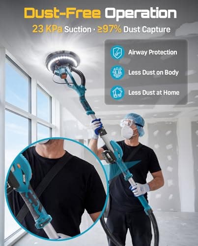 SEESII Cordless Drywall Sander with Vacuum,900W 1900RPM 2x4.0Ah Battery,Popcorn Ceiling Remover Tool,Brushless Low Noise Variable Speed,Wall Sander for Painting Prep,Foldable Telescopic,LED,12 Discs - Thumbnail 6
