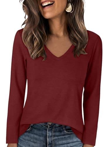 ANRABESS Women's Long Sleeve Shirts V Neck Top, Dark Red, L