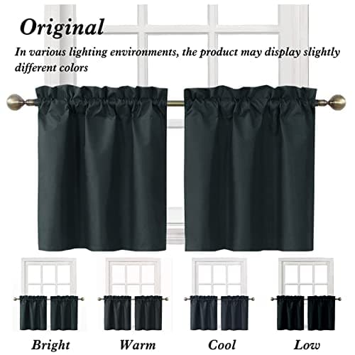 Home Queen Blackout Rod Pocket Tier Curtains for Small Window, Short Room Darkening Basement Curtains, Cafe Drapes, 2 Panels, 26 W x 24 L Inch Each, Black - Thumbnail 6