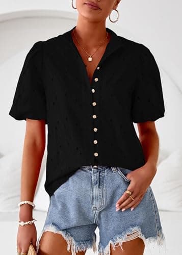 Lazysmile Summer Boho Tops for Women Short Sleeve V Neck Button Down Hollow Out Lace Embroidered Blouses Shirts Black - Thumbnail 3