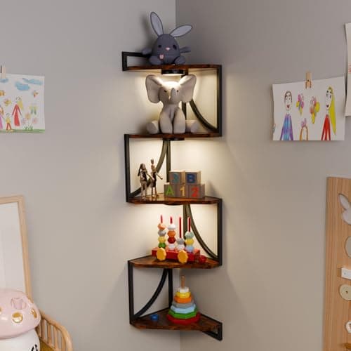 HAAYOT Corner Shelf Wall Mounted with Lights, 5-Tier Floating Metal Shelves for Living Room, Bedroom, Rustic Brown - Thumbnail 4