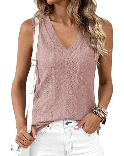 BTFBM Womens Tank Tops 2026 Summer Eyelet Crossed V Neck Sleeveless Casual Loose Fit Basic Spring Top Vacation Outfits(Pink, Small) - Thumbnail 4