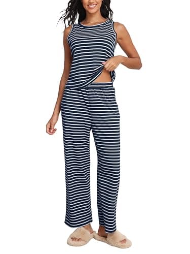 COCOMARTS Womens 2 Piece Lounge Sets Casual Striped Pajama Sets Sleeveless Tank Top and Wide Leg Pants Matching Outfits 2025 Navy Blue X-Large - Image 1