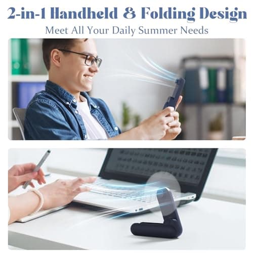 Lerat Portable Handheld Fan, 2 IN 1 Mini Hand Fan, Battery Operated [8-15 Working Hours], USB Rechargeable Personal Foldable Fan for Indoor, Small Pocket Fans Travel Essentials for Outdoor (Blue) - Thumbnail 2