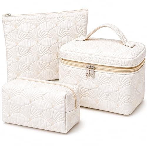 A Lots MiLi 3 Pcs White Shell Quilted Makeup Bag Set - Coquette Cotton Cosmetic Bags for Women, Coastal Makeup Pouch, Large Travel Toiletry Bag for Makeup, Skincare and Purse Essentials