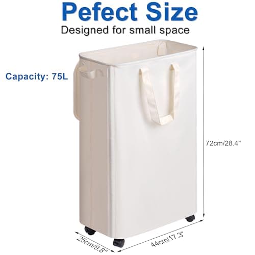 Vincona Slim Laundry Hamper with Lid and Wheels, Small Rolling Laundry Basket with Handle for Small Spaces, Tall Dirty Clothes Hampers for Dorm, Bathroom and Bedroom, 75L, Beige - Thumbnail 5