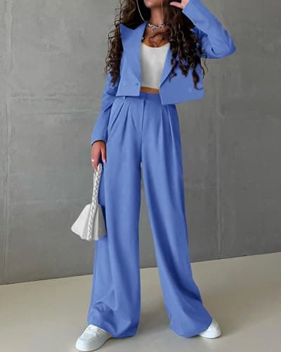 KIRUNDO Two Piece Sets for Women Fall 2025 Cropped Blazer Wide Leg Work Pants Business Professional Office Attire(Sky Blue, X-Large) - Thumbnail 3