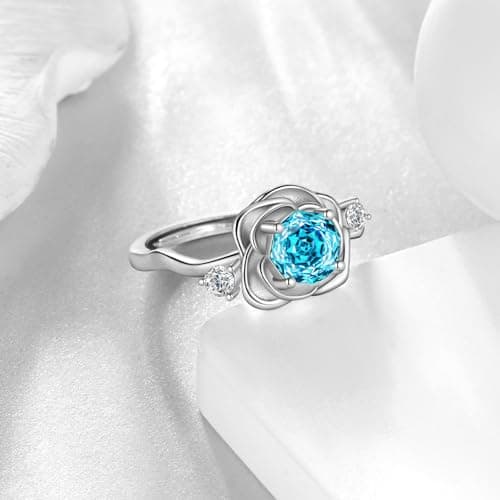 Rose Birthstone Opening Ring - 925 Sterling Silver Rose Cut Cubic Zirconia March Aquamarine Flower Adjustable Anniversary Engagement Promise Ring Birthday Jewelry Gift for Wife Mom Daughter DR0166M - Thumbnail 2