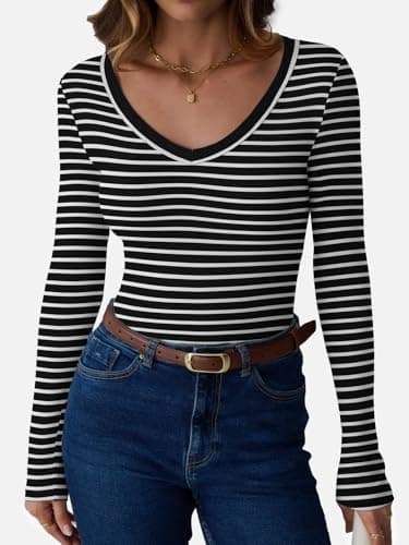GKBK Womens 3/4 Sleeve Scoop Neck Tops Ribbed Knit Slim Fitted Casual Basic Tee Shirts 2026 Summer Fashion Trendy Work Casual T-Shirt Undershirts Layering Clothes Black White Stripe L - Thumbnail 2