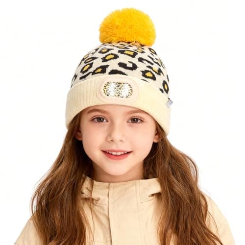 IVYWNT LED Beanie for Kids (5-12 Years), Unisex Winter Knitted Hat with Light, USB Rechargeable Pompom Cap for Boys and Girls, Yellow Leopard Print - Image 1
