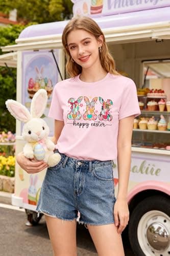 Easter Shirts for Women Funny Bunny Shirt Cute Rabbit Graphic T Shirt Happy Easter Casual Tshirt Short Sleeve Tops Pink - Thumbnail 6