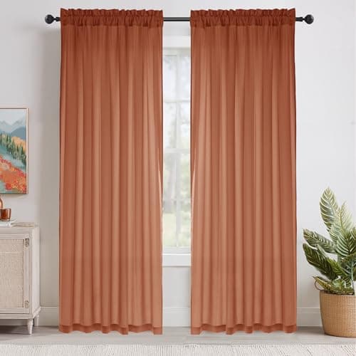 NICETOWN Burnt Orange Opaque Sheer Curtains 84 inches Long 2 Panels for Living Room, 52" Wide Rod Pocket Window Drapes for Farmhouse, Dining Room, Light Filtering Elegant Privacy Window Treatments - Image 1