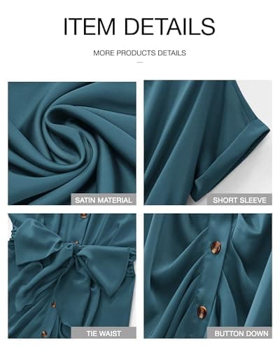 BTFBM Shirt Dresses for Women Spring Button Short Sleeve Silk Satin Ruched Maxi Summer Dress 2026 Cocktail Party Wedding(Blue Green, Small) - Thumbnail 6