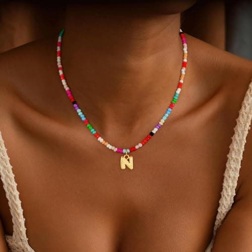 Maxcate Bubble Colorful Bead Letter Necklaces for Women Girls - 18K Gold Plated Bubble Colorful Initial N Letter Necklace Teen Girls Gifts Trendy Stuff Initial Necklaces for Women Birthday Gifts - Thumbnail 2
