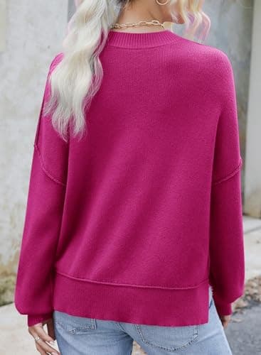 Dokotoo Oversized Sweaters for Women Crewneck Crop Ribbed Knit Tops Solid Color Patchwork Fall Winter Business Casual Pullover Sweater Trendy Rose Red Large - Thumbnail 2