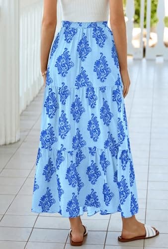 BTFBM Maxi Skirts for Women Summer Outfits Elastic High Waist A Line Boho Beach Vacation Cruise Floral Long Skirt 2026(Light Blue Blue Flower, Medium) - Thumbnail 3