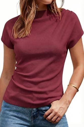 Arach&Cloz Womens Ruched Summer Tops Mock Neck Cap Sleeve Blouses T Shirts Short Sleeve Slim Fit Ladies Vacation Outfits Going Out Vest Casual Blouse Valentines Trendy Dark Red M - Image 1