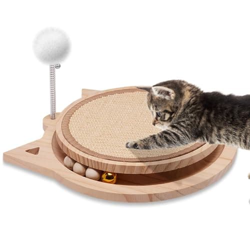 Natural Sisal Cat Scratcher, Round Cat Toys for Indoor Cats Interactive Toys with Ball Track Spring Ball, Kitten Toys for Chasing Hunting Mental Physical Exercise Puzzle