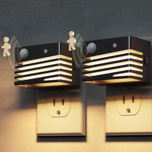 L LOHAS LED Motion Sensor Night Lights, [2 Pack] Dimmable Night Light Plug into Wall with Dusk-to-Dawn Sensor, Adjustable Brightness, 3000K Plug in Nightlight for Bedroom Bathroom Hallway (Black)