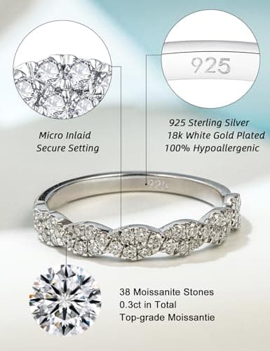 IMOLOVE Moissanite Wedding Bands for Women, Trendy 0.3 Carat Half Silver Women's Eternity Wedding Bands Fashion Moissanite Stackable Rings for Women with 18K White Gold Plated Size 9 - Thumbnail 2