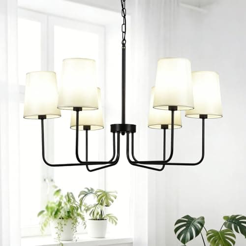 Omgomne Matte Black Farmhouse Chandelier with White Fabric Shades, 29.5” 6-Light Modern Dining Room Light Fixture, Minimalist Rustic Hanging Pendant Lamp for Kitchen Island, Living Room, E12 Base - Image 1