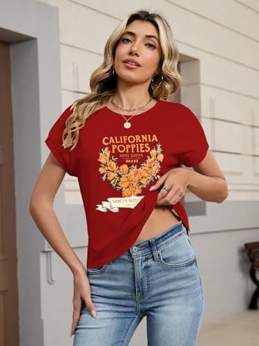 TAKEYAL Womens Graphic T Shirts Red Vintage California Poppies Flower Tshirt for Teens Large A Red - Thumbnail 4
