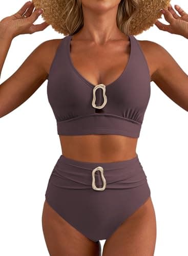 Herseas Women's High Waisted Bikini Sets 2026 Summer Crisscross Back Adjustable Strap Swimsuit Wire Free Metal Ring Supportive Bathing Suit Trendy Beach Cruise Essentials Brown Medium - Image 1