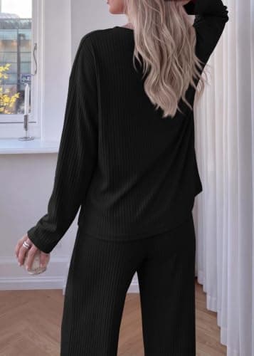 KIRUNDO Spring 2 Piece Lounge Sets for Women Long Sleeve Ribbed Knit Tops Wide Leg Pants Matching Travel Outfits Postpartum(Black, XX-Large) - Thumbnail 3