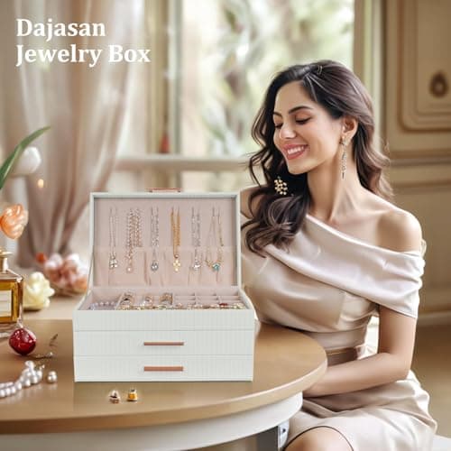 Dajasan Jewelry Box Organizer, 3-Tier Large Jewelry Storage Organizer with 2 Drawers, Space-Saving Jewelry Boxes for Women, PU Leather Surface with Texture, Gift Idea, Modern Style (White) - Thumbnail 6