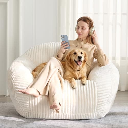 HUGHEAVEN Bean Bag Chair for Adults & Kids, Bean Bag with Armrests, Cozy Reading Chair with Back Support,Sofa for Bedroom, Living Room, Beige - Thumbnail 5