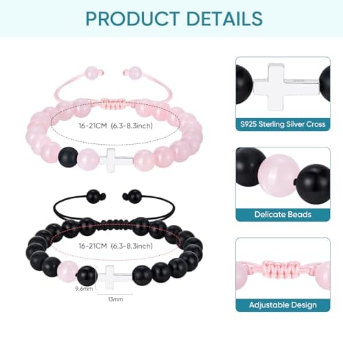 Couple Bracelet Cross Jewelry Gifts - S925 Sterling Silver 2Pcs Rose Quartz Black Agate Matching Unique Bead Adjustable Rope Romantic for Boyfriend Girlfriend Christmas Valentine Anniversary Birthday - Thumbnail 2