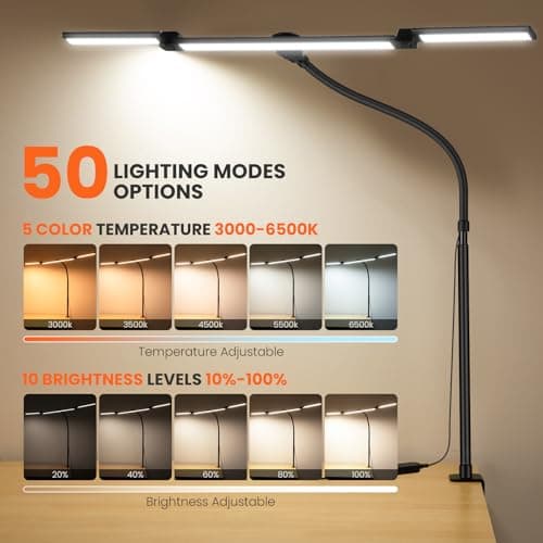 LED Desk Lamp for Office Home, 3 Light Bar Adjustable Desk Light with Clamp, Architect Table Lamp Computer Monitor Lighting, Stepless Dimming Eye-Caring Clip on Light for Workbench Reading Study Black - Thumbnail 2