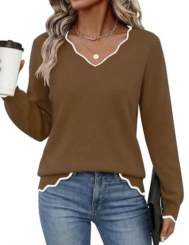 LaGracia Womens Fall V Neck Sweater 2026 Lightweight Casual Long Sleeve Ribbed Knit Pullover Sweaters Dressy Fall Outfits Brown XL - Image 1