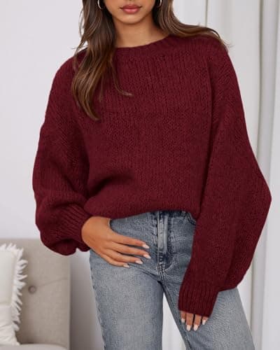 BTFBM Sweaters for Women Fall 2026 Crew Neck Lantern Long Sleeve Oversized Sweater Casual Knit Winter Pullover Tops(Wine Red, X-Large) - Thumbnail 6