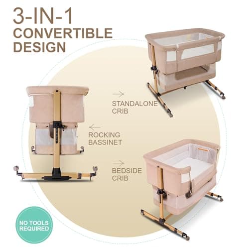 cutebeams Baby Bassinet, 4 in 1 Bedside Bassinet for Baby, Rocking Bassinet with Mattress and Mosquito Net, 5-Height Adjustable, Breathable Mesh (Pink) - Thumbnail 3