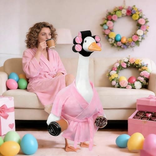 yuboo 23 Inch Pink Lady Porch Goose Outfits, Bathrobe Porch Goose Statue Costume with Cute Curlers and Coffee Cup, Funny Summer Lawn Yard Garden Patio Decor, Cute Goose Clothes Cement - Thumbnail 5