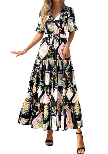 BTFBM Womens Summer Dresses 2026 Spring Casual Short Sleeve v Neck Boho Floral Flowy A-Line Tiered Maxi Dress Pockets(Floral Black Multi, X-Large) - Thumbnail 4