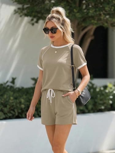 Casly Lamiit Short Sets Women 2 Piece Outfits 2026 Summer Matching Athletic Clothing Sets Cute Color Block Sweatsuit Camel 2XL - Thumbnail 3