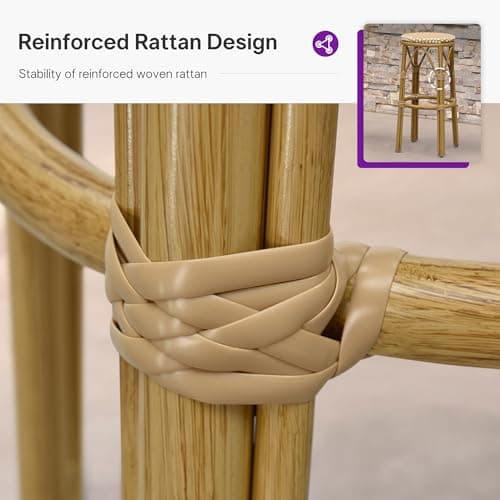 PURPLE LEAF Outdoor Round Bar Height Stool Set of 2 Patio Backless Barstools Aluminum Frame in Bamboo Finish with Amber & White Woven Rattan for Indoor Kitchen Dining Bistros Cafe Restaurant - Thumbnail 6