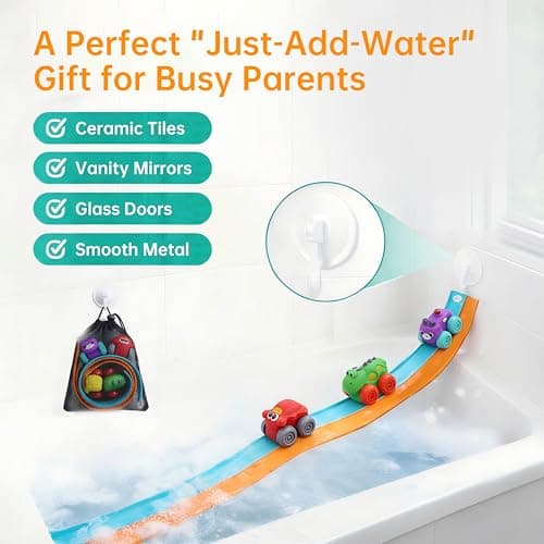 Resosese Race Car Bath Toys Set, 8-Piece Extra Long Flexible Bathtub Track Set with 4 Mini Cars, Suction Cups & Mesh Storage Bag, DIY Water Slide Toy Gift for Boys Girls Ages 3+ - Thumbnail 2